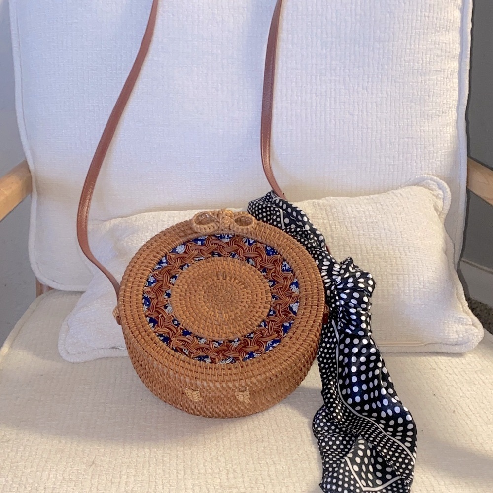 Brown Woven Crossbody Bag with Scarf Accent